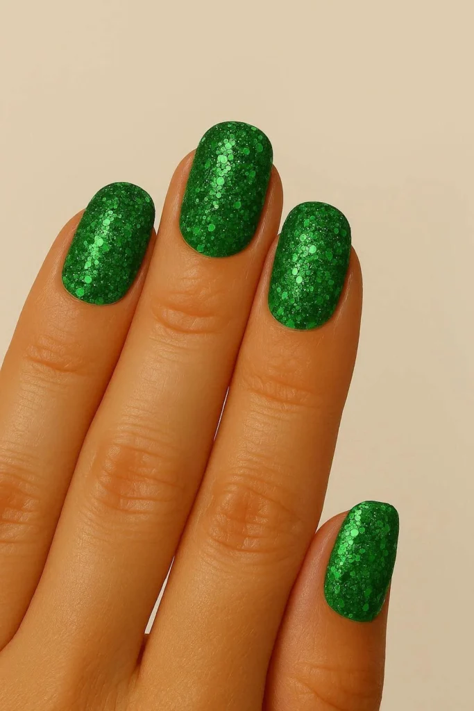 Oval nails with bold shamrock green polish and chunky glitter for St. Patrick's Day