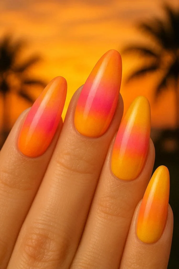 Almond nails with warm coral orange to golden yellow sunset ombré nail design for summer