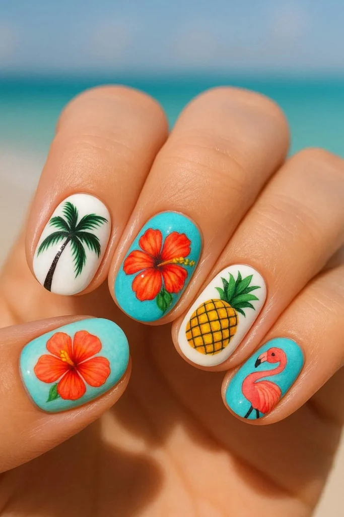 Short oval nails with colorful tropical palm tree and hibiscus flower nail art for summer