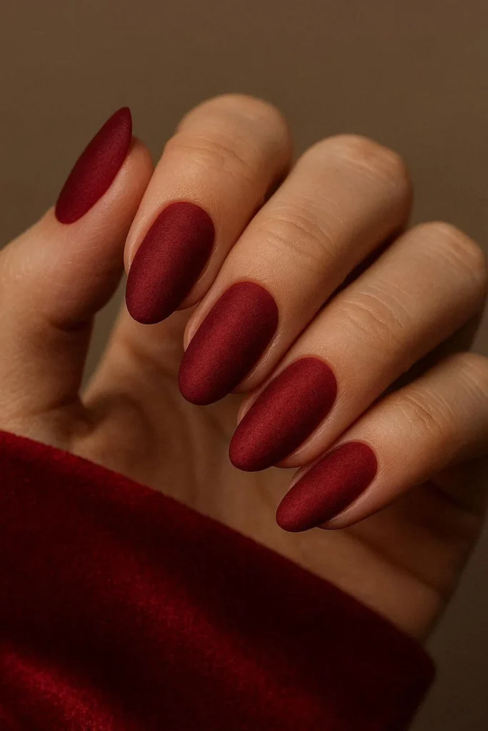 Long coffin nails with deep matte velvet red polish finish for Valentine's Day