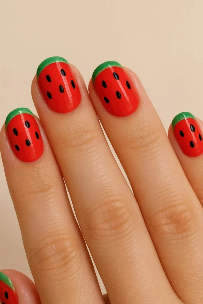 Short square nails with red base black seed dots and green tip watermelon nail art
