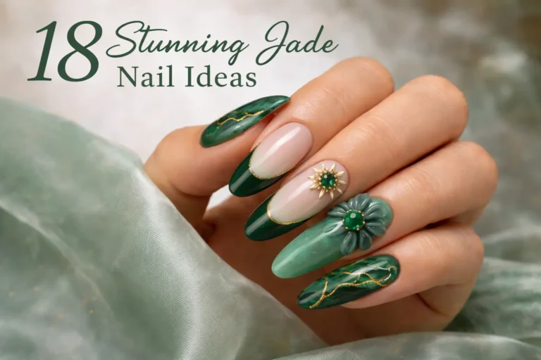 elegant jade green nail designs with gold accents, including marble patterns, French tips, and 3D floral details, with overlay text “18 Stunning Jade Nail Ideas” in a stylish green font.