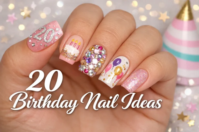 One hand featuring creative birthday nail art with glitter, cake, rhinestones, and balloon designs for 20 birthday nail ideas inspiration