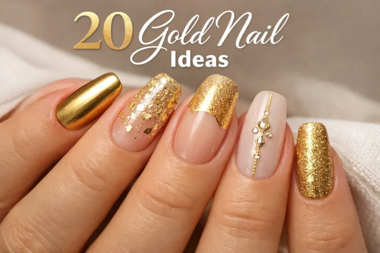 Close-up of one hand featuring elegant gold nail designs including glitter, metallic chrome, and minimal nude base with gold accents for a stylish manicure look.