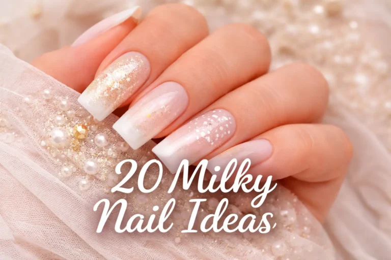 Milky white oval nails with delicate 3D white floral nail art and green leaf details