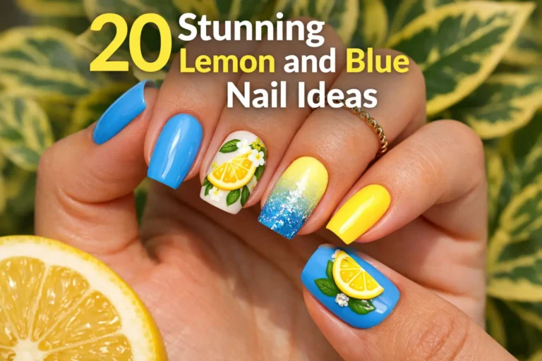 Lemon, blue, nail art, design, manicure, vibrant, flowers, glitter, gradient, yellow, blue, citrus, trendy, summer, elegant, refreshing, floral, shiny, creative, colorful, detailed.