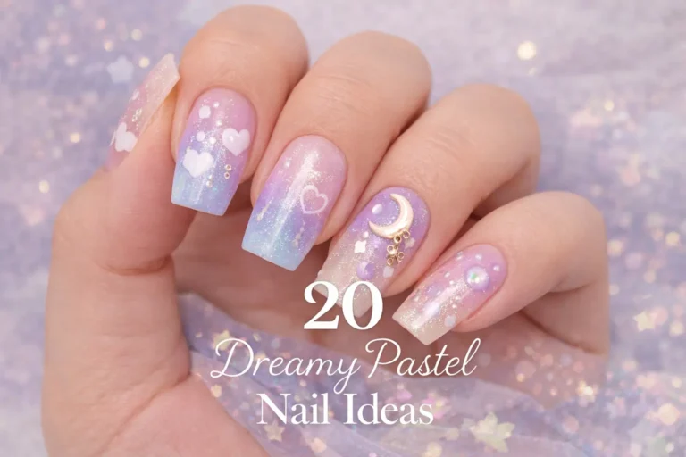 A close-up photograph of a woman's hand with long, pastel ombre nails, adorned with celestial elements like hearts, stars, and a crescent moon