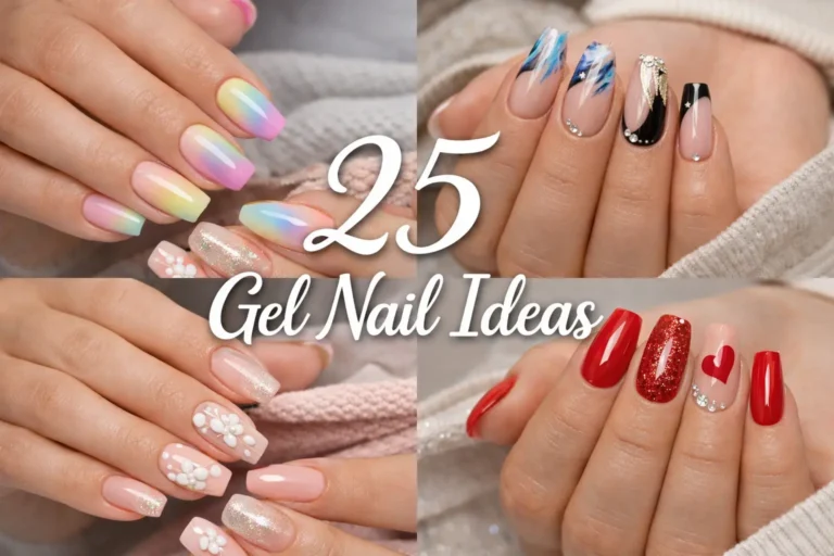 Gel nail ideas collage showing chrome French tip glitter and nude gel nails