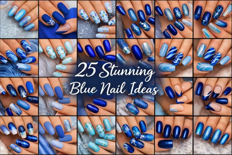 Collage of 25 stunning blue nail ideas including ombre, glitter, matte, floral, and swirl blue nail designs