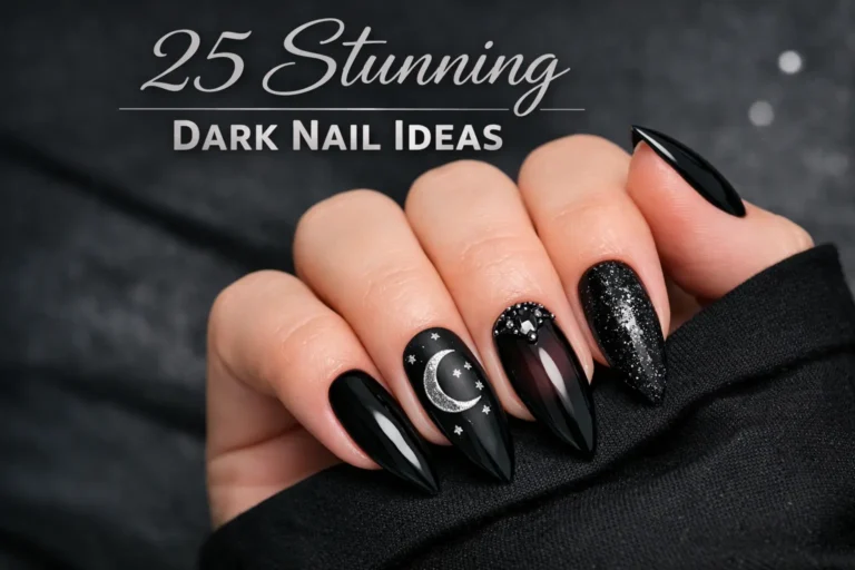 A close-up of a woman's left hand with dark nail art featuring black, silver moons, burgundy ombre, and glitter, with "25 Stunning Dark Nail Ideas"