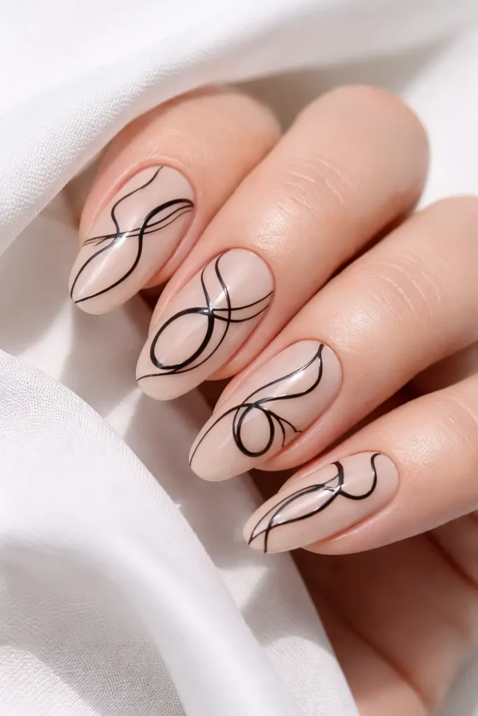 Abstract black line art nails with swirling brushstroke designs on nude base