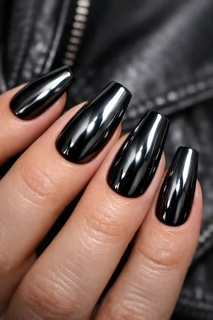 Black chrome mirror nails with glossy metallic gunmetal shine