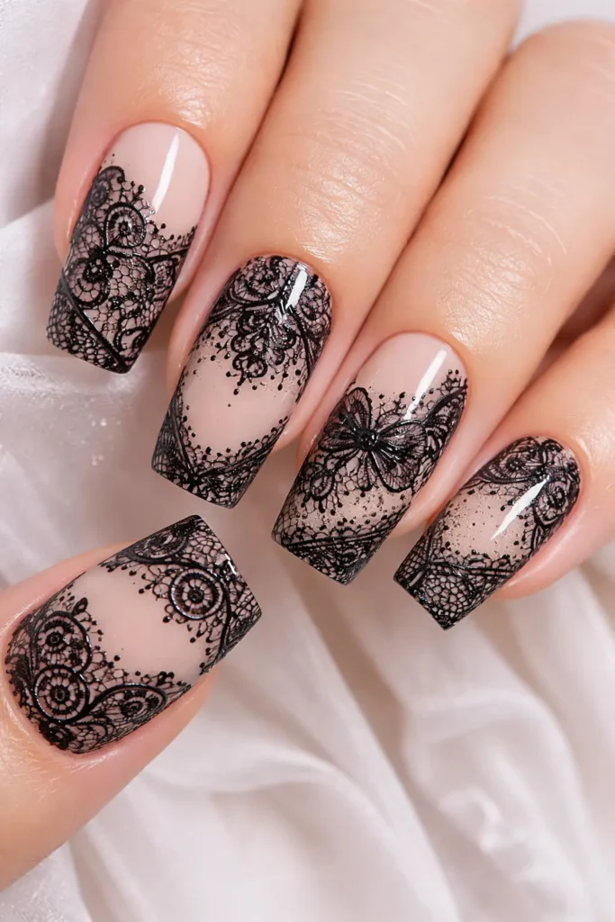 Delicate, dark, and utterly romantic. Black lace nails for the bride who dares to be different