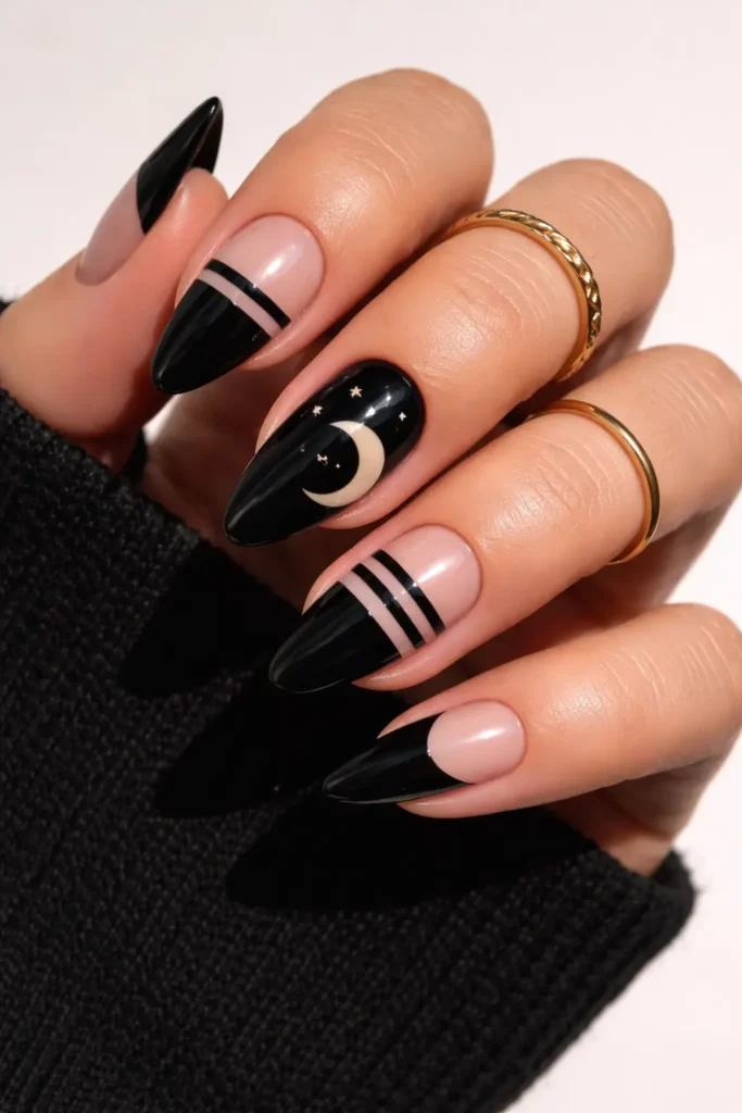 Black negative space nail art with geometric cutout windows revealing natural nail underneath