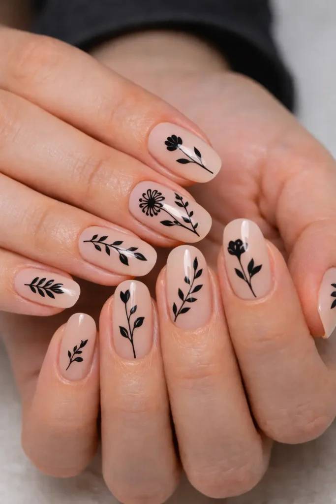 Botanical black nail art with delicate floral and leaf designs on nude base