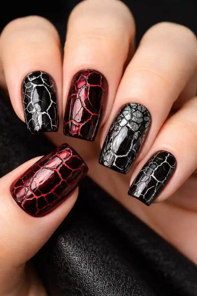 Long glossy black coffin nails with rhinestone accent design