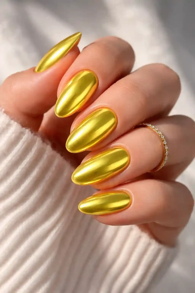 Lemon chrome nails with mirror finish
