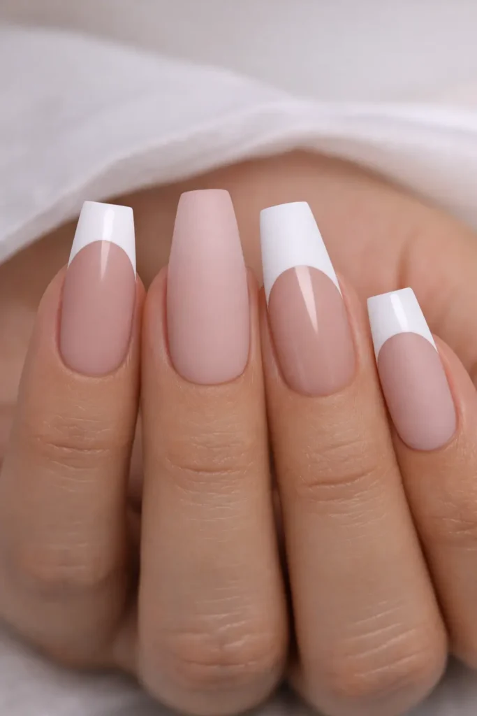 Matte french tip nails with velvety matte white tip and glossy nude base on square nails