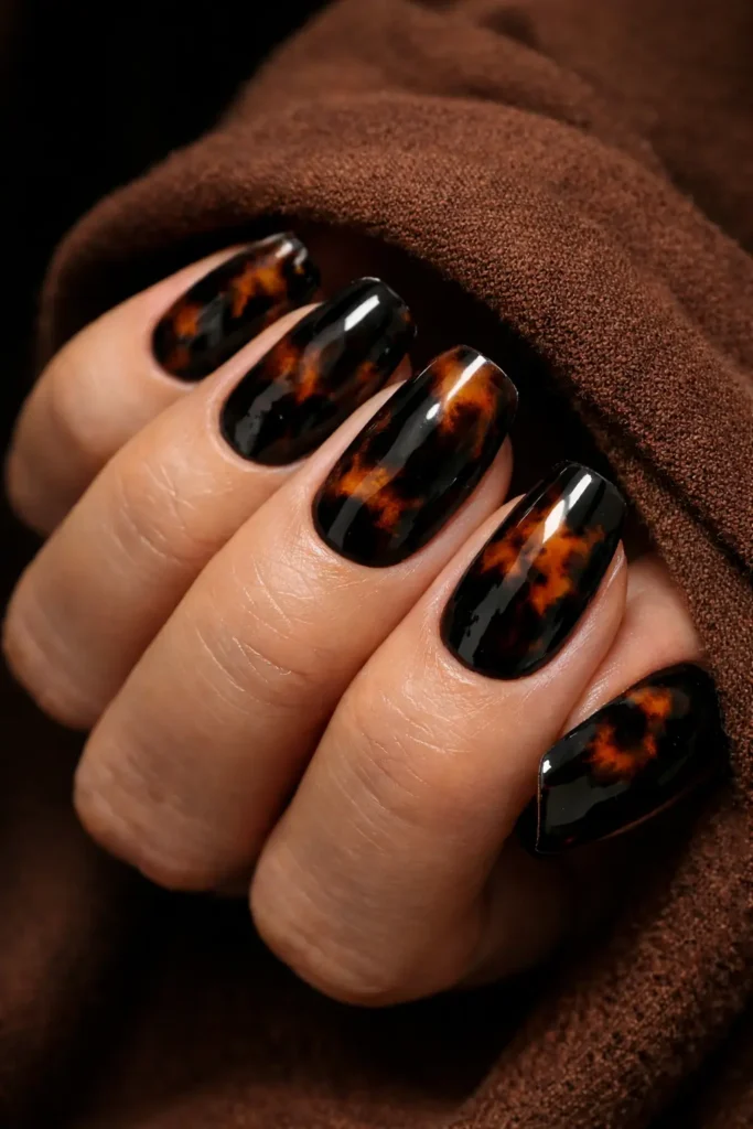 Glossy black tortoiseshell nails featuring deep brown and amber patterns on medium length nails.