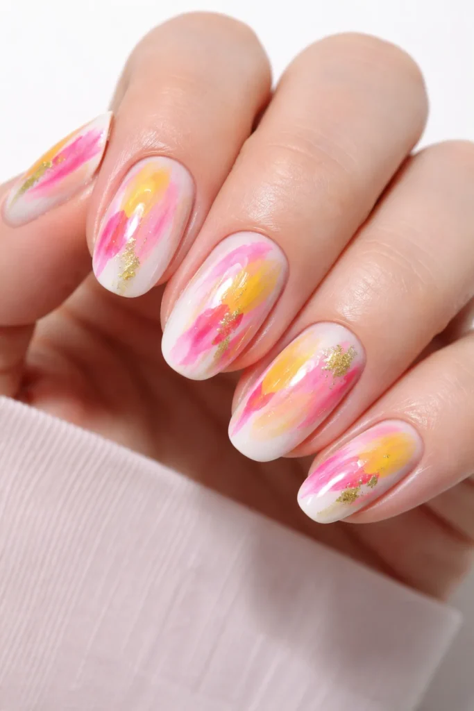 Abstract pink and yellow brush stroke nail art on a white base