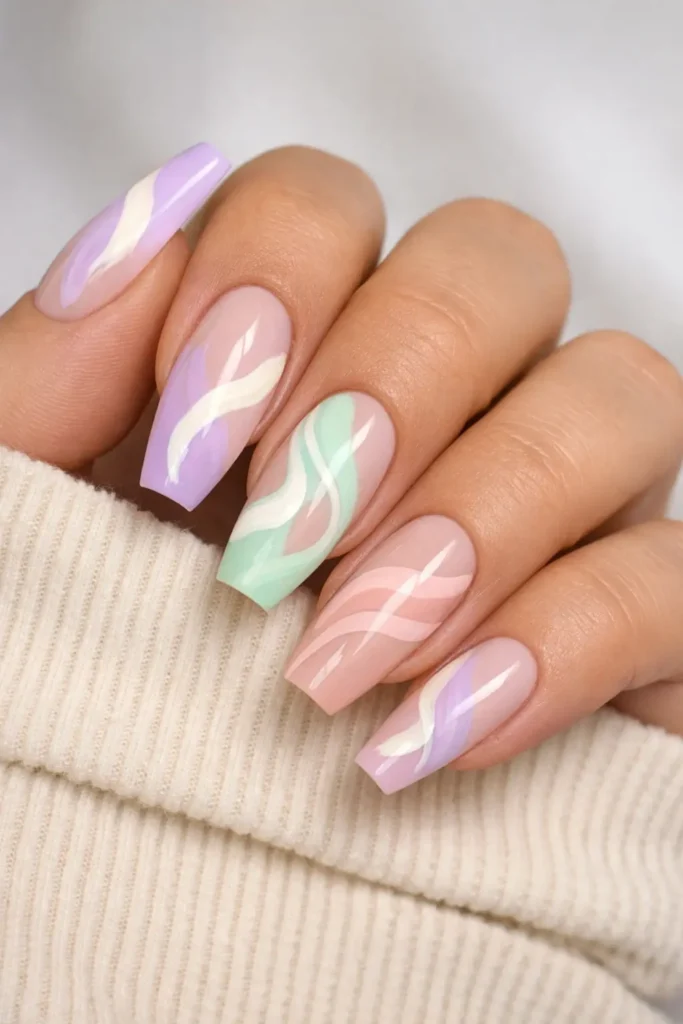  Abstract pastel spring nails with gestural brushstrokes in lavender and cream on a nude base
