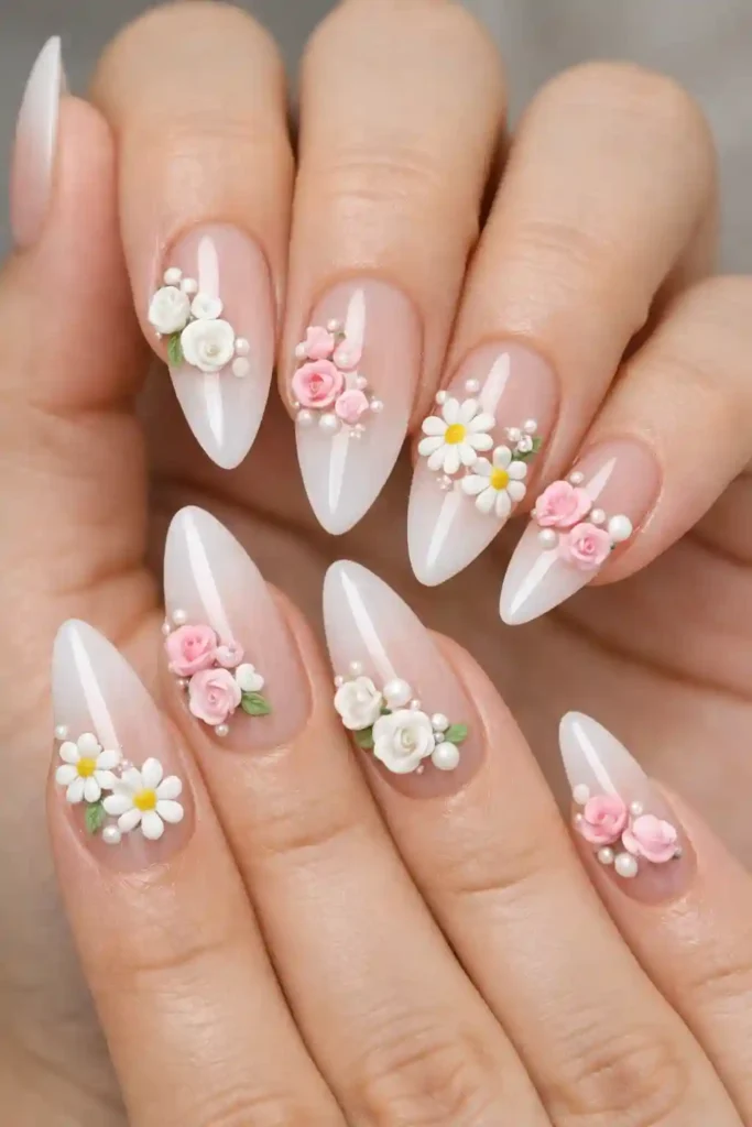 Acrylic almond nails with 3D sculpted floral embellishments
