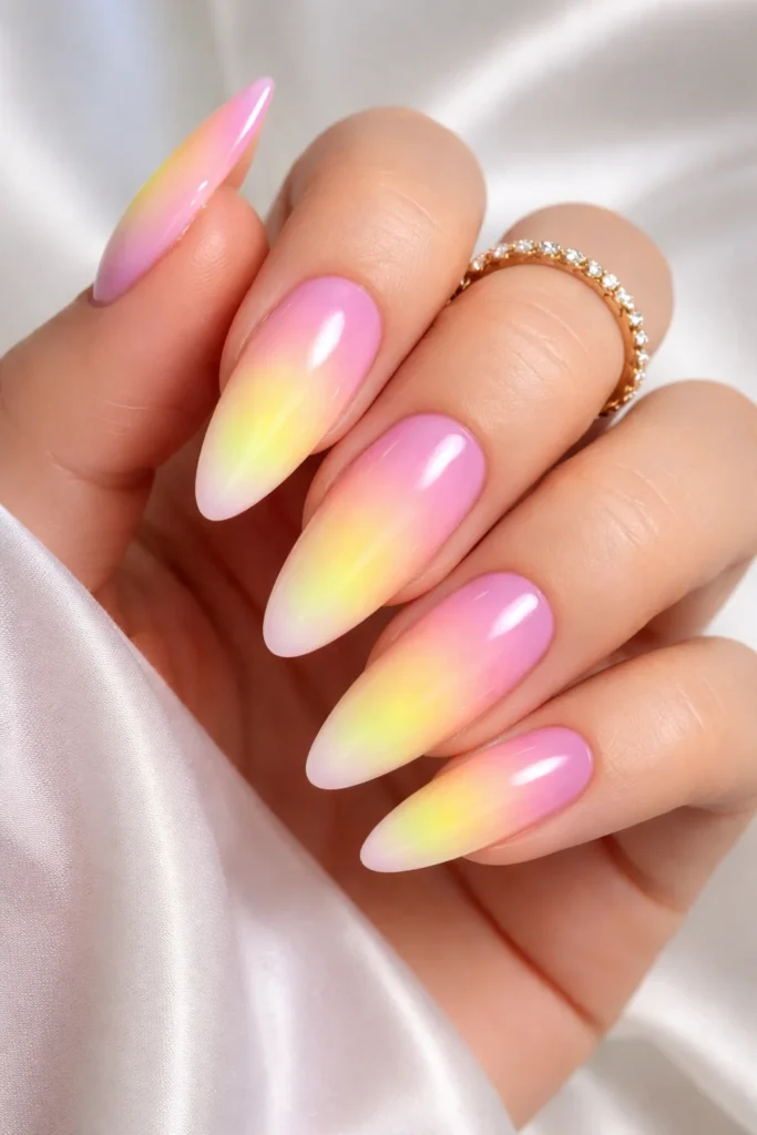 Pink and yellow aura nails with blurred glowing gradient on long almond shaped nails
