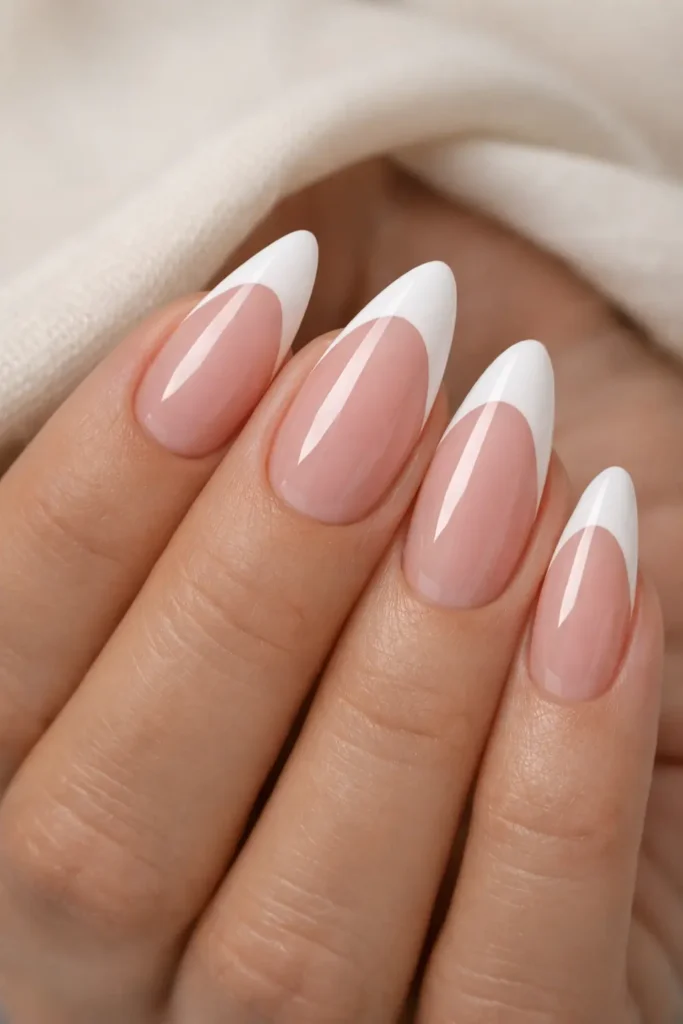 Almond french tip nails with white tips on sheer pink base and tapered almond shape