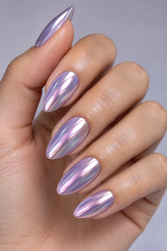 Amethyst chrome nails with pearly purple glazed finish 