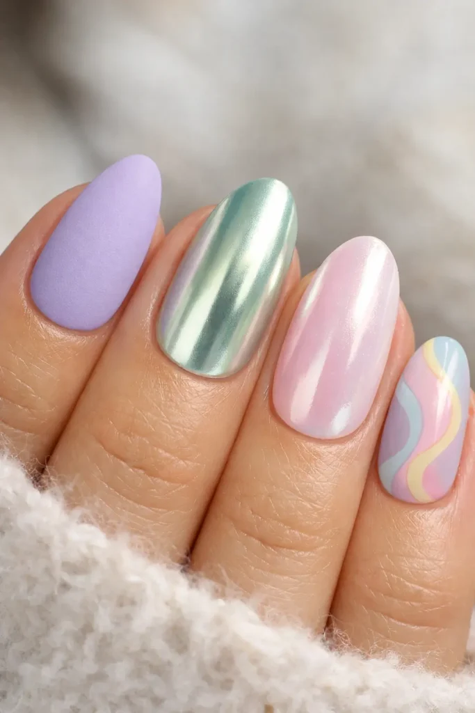 Pastel patchwork nail ideas with mixed matte chrome glazed and swirl finishes in coordinated pastel palette