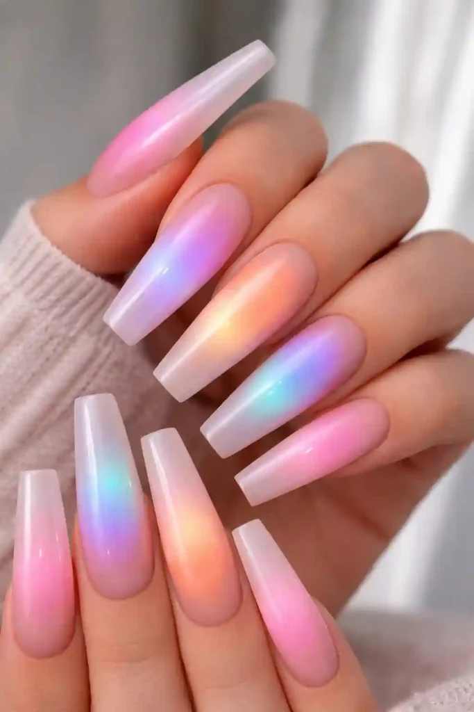 Aura coffin nails with a soft lavender haze blended into a sheer nude base