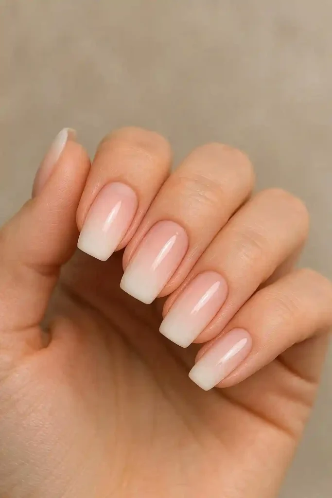 Baby boomer gel nails blending soft pink base into white tip gradient
