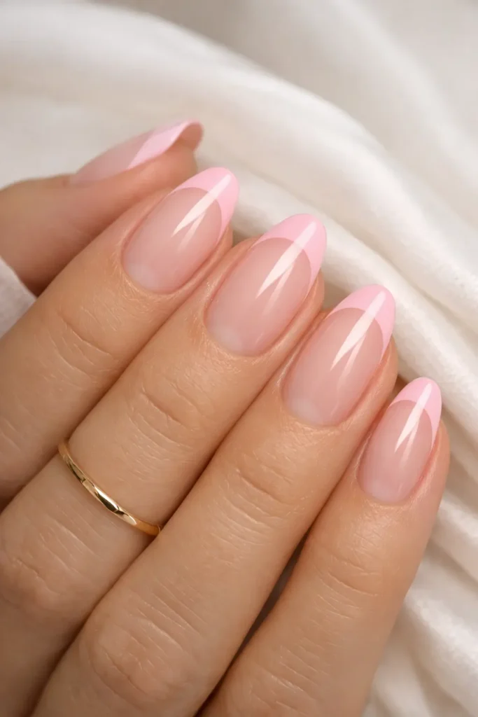 Baby pink French tip pastel nails on short almond shaped fingers