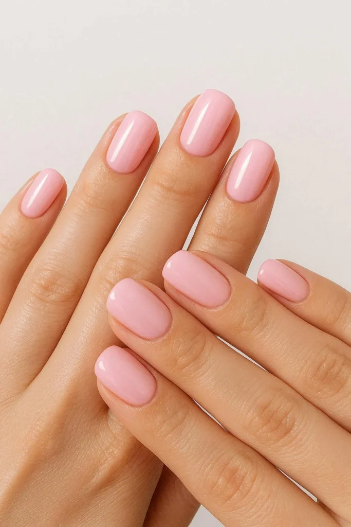 Baby pink glossy nails with a feminine and timeless finish
