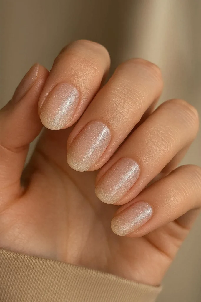 Barely-there micro shimmer nails in sheer nude pink