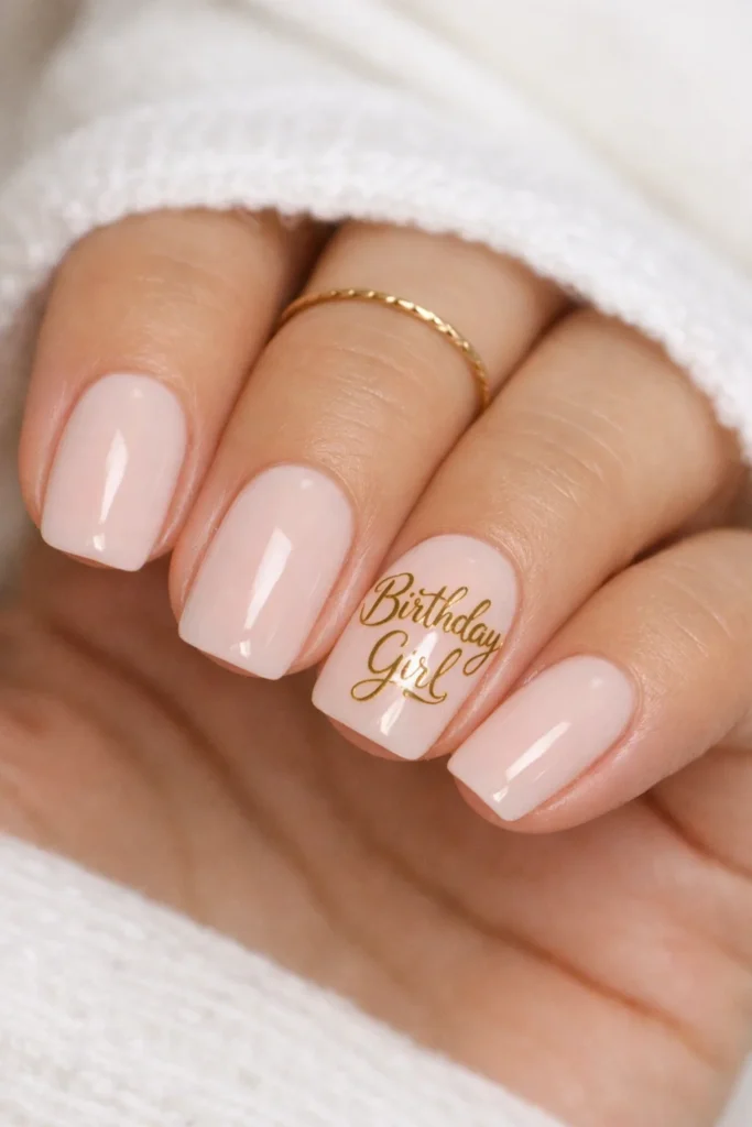 Birthday Girl gold script nail art lettering on accent nail