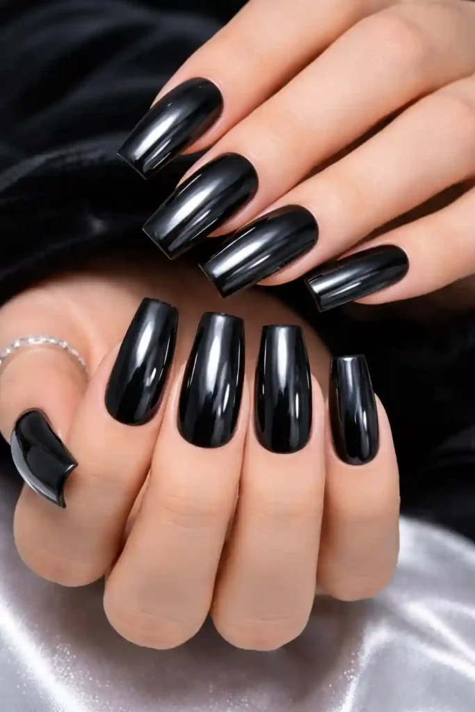 Black chrome mirror nails with liquid metal finish on square nails