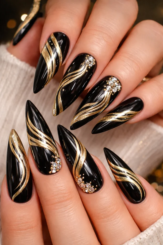 Black and gold birthday glam nails with gold swirl nail art
