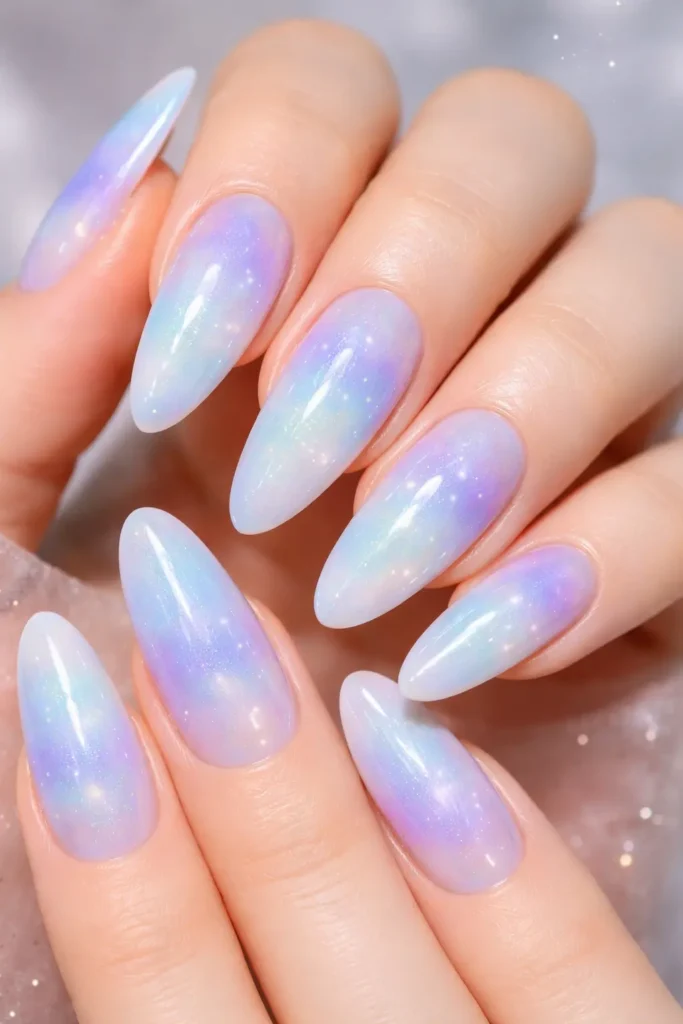 Dreamy blue aura nails with soft lavender and teal gradient
