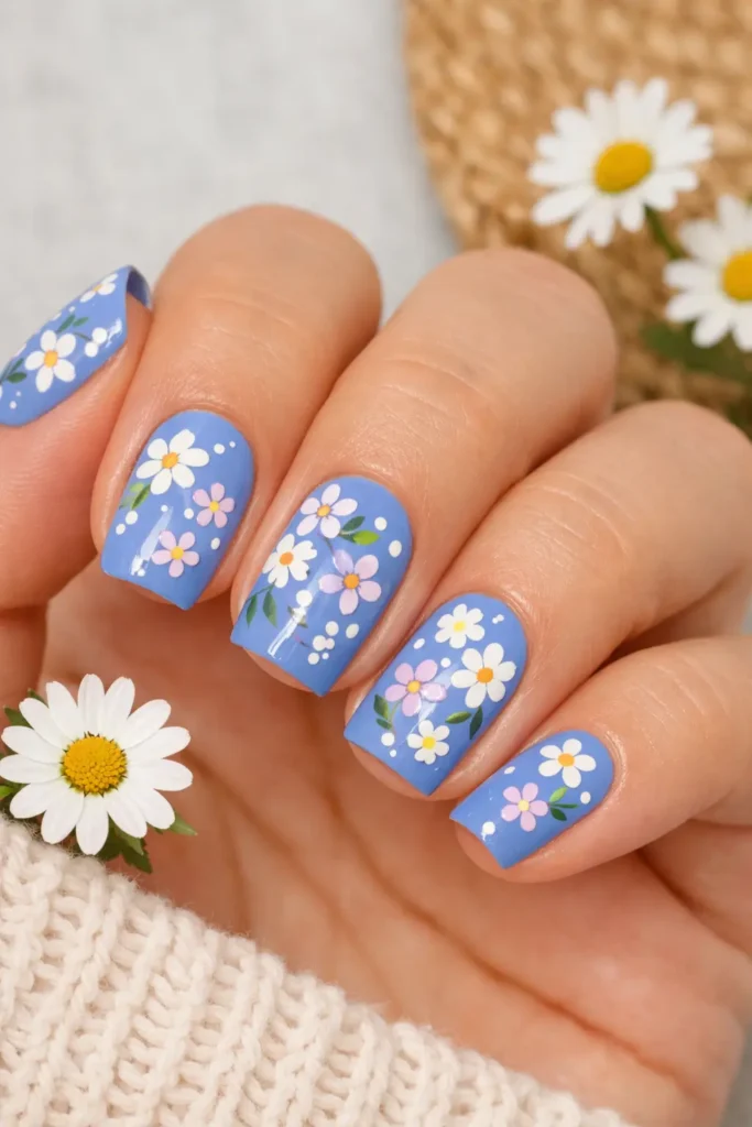 Romantic blue floral nail art with white blooms on cornflower blue base