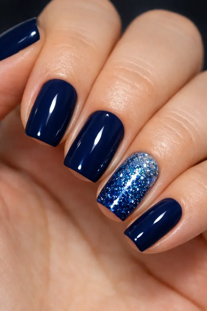 Sparkling blue glitter nails with holographic finish
