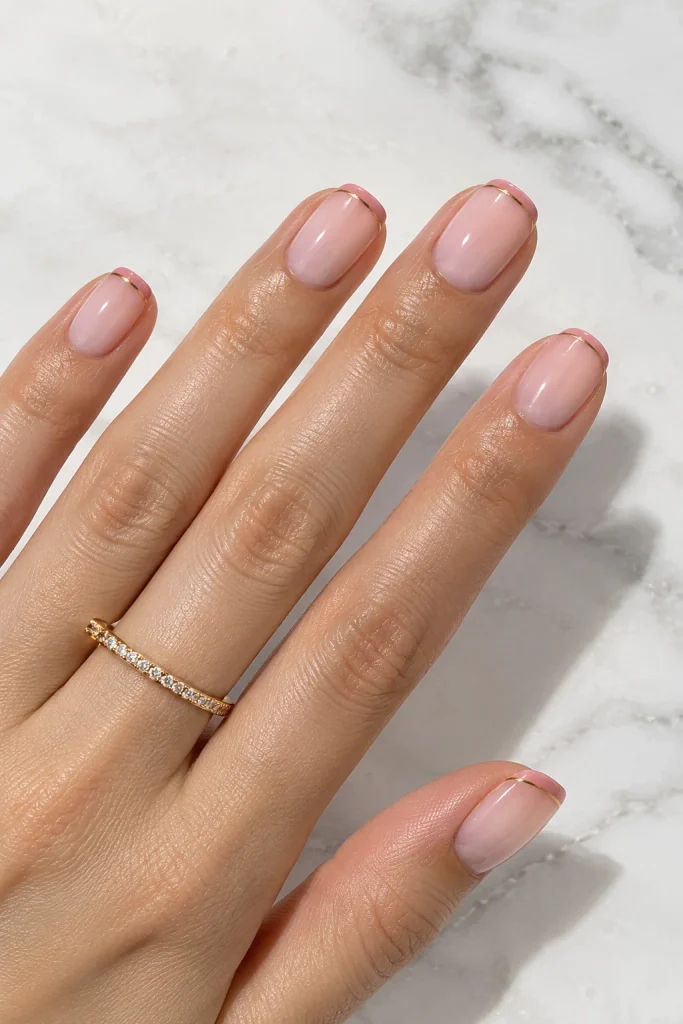 Short blush nails with delicate micro French tips