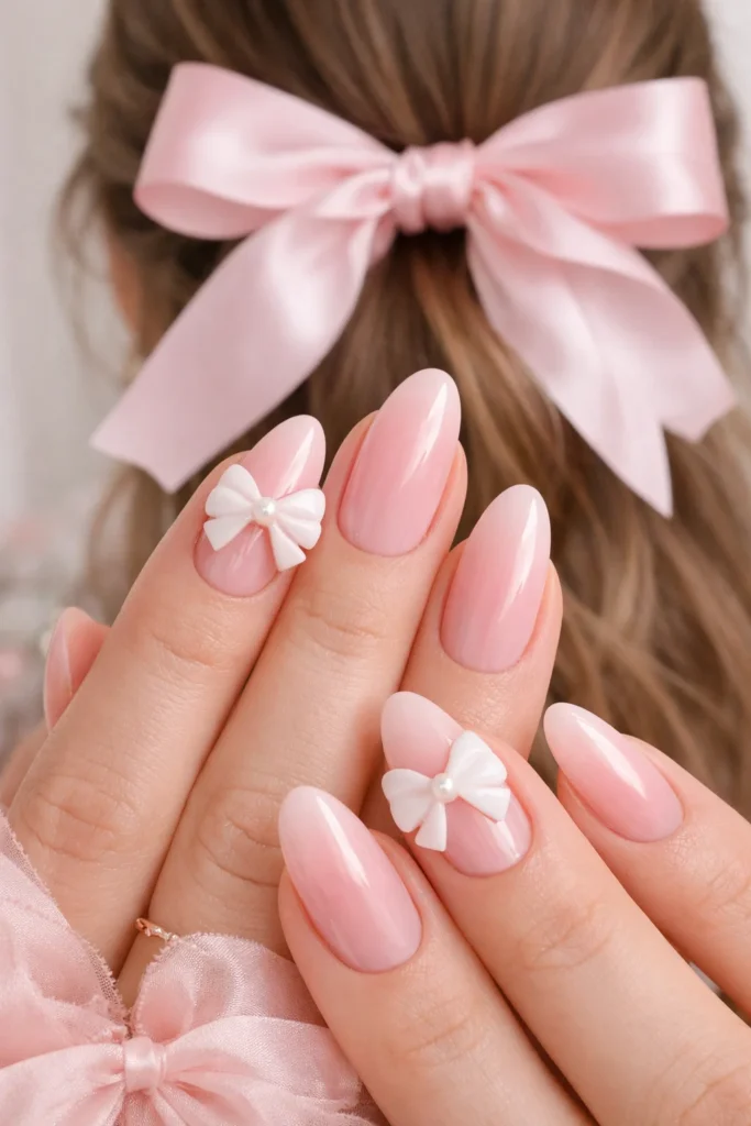 Blush pink nails with 3D sculpted bow accent for coquette birthday look