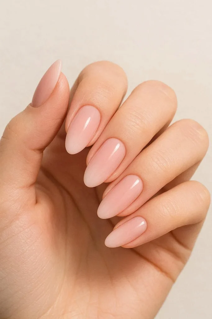 Blush pink ombre nails fading into nude with a romantic gradient finish
