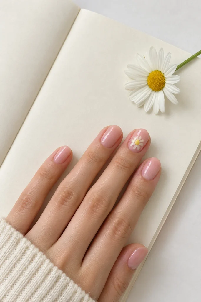 Blush pink short nails with a delicate white daisy and golden yellow center