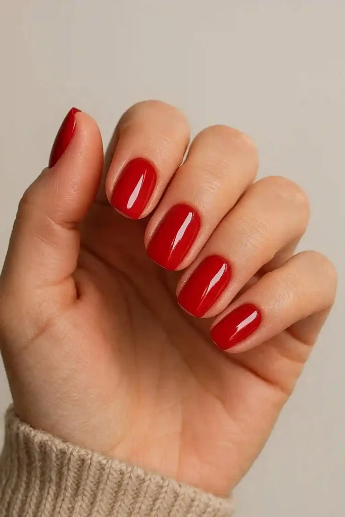 Bold red gel nails in classic cherry red with glossy chip-free finish
