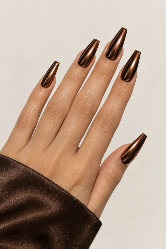 Bronze chrome brown coffin nails with a metallic shine