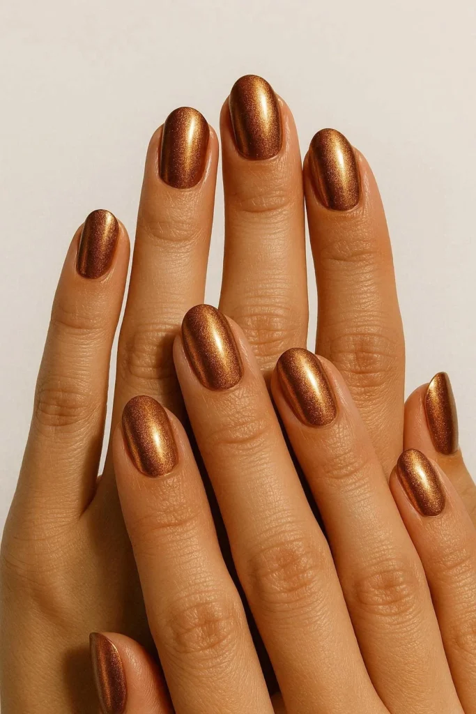 Bronze shimmer metallic nails reflecting late summer sunlight glow