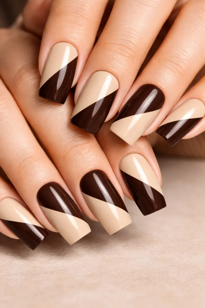 Brown and beige color block nails