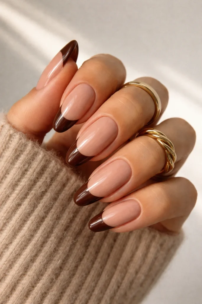 Brown French tip nails with chocolate tips